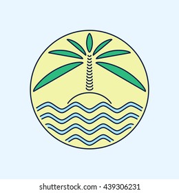Holiday logo design template. Summer beach illustration. Abstract sun and palm tree on seaside. Concept for travel agency, tropical resort, beach hotel. Vector illustration.