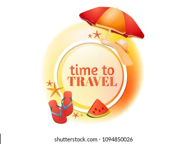 Holiday, logo, emblem, travel agency. Holidays, hello summer. Beach vacation and vacation. Ready design. Logo in the circle. Without background, white background.