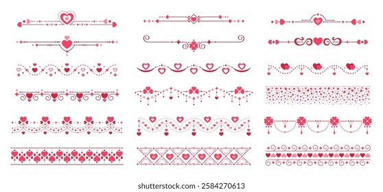 Holiday love heart divider borders for Valentines day vector set. Vibrant red pink embellishments and trims evoke love and romance for greeting cards, wedding invitations, stationery and decorations