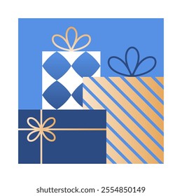 Holiday luxury gifts emblem.Hanukkah, Christmas, Happy New Year decor.Festive vector presents symbol in blue,gold and white colors.Holiday design for branding,emblems,invitations,prints,smm,covers