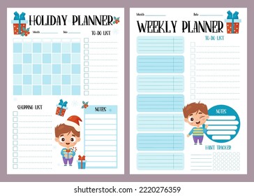 Holiday male planner set. Weekly organizer, month calendar, plan, to-do, shopping list, habit tracker and notes with cute boy. Vector vertical template for New Year, Christmas, festive design