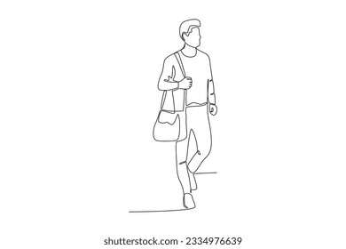 A holiday man carrying a clothing bag. World tourism day one-line drawing