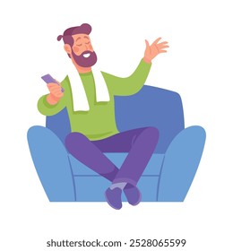 Holiday with Man Character Sit in Armchair with Smartphone Cheering Vector Illustration