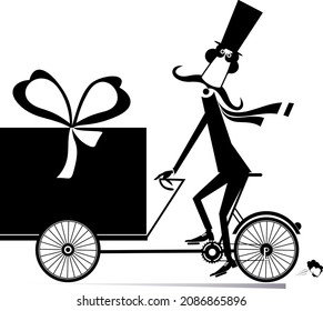 Vacaciones. Un hombre con caja presente conduce una ilustración de la bicicleta.
Caricatura bigote largo hombre en la parte superior que transporta una caja de regalo en la bicicleta negro sobre fondo blanco
