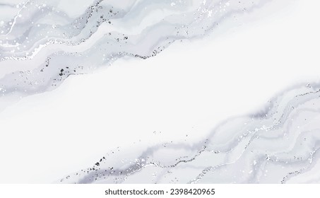 Holiday marble stone background with silver texture and glitter splatter.