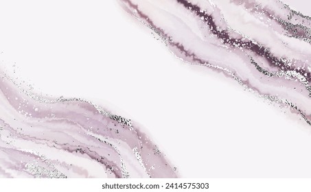 Holiday marble stone background with silver texture and glitter splatter.