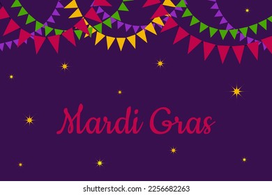 Holiday Mardi Gras. Garlands, flags in traditional colors. Festive decoration carnival multicolored bunting. Greeting card, background for Mardi Gras. Horizontal banner, frame. Vector illustration