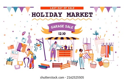 Holiday market. Bazaar sale retro banner with old furniture. Second Hand store. Selling clothes and antique accessories. Weekend shopping fair. Vector garage discount trading frame poster