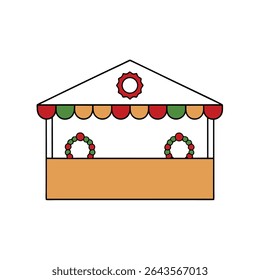 a holiday market stall with lights wreaths