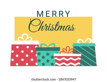 Holiday Marry Christmas with gifts banner. Buying, receiving, giving gifts. Celebration Christmas and New Years holiday. Vector