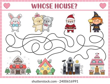 Holiday maze for kids. Preschool printable activity with kawaii Santa Claus, witch, cats, bunny, houses. Labyrinth game or puzzle with Christmas, Easter, Saint Valentine, Halloween characters
