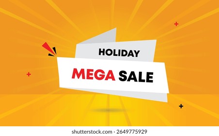 Holiday Mega Sale editable web banner vector art illustration icon badge label template design with white gray shapes orange yellow sun shine abstract background unique modern marketing graphics
