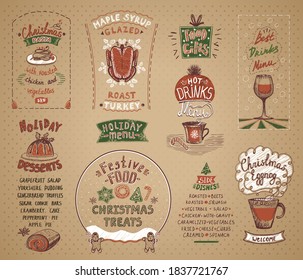 Holiday menu list symbols set, christmas and new year classic dishes, desserts and drinks, festive food and treats, alcohol