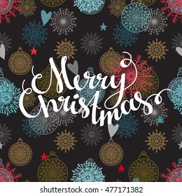 Holiday Merry Christmas background. Snowflakes, balls, hearts, stars. Merry Christmas text, handwritten