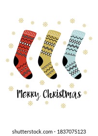 holiday merry christmas card with socks and lettering isolated on white background, vector illustration, flat scandinavian style