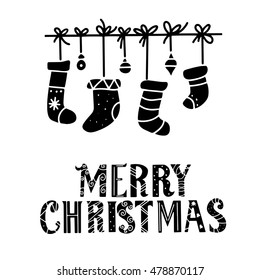 Holiday Merry Christmas card. Christmas stocking, balls on rope, border isolated on white background. Merry Christmas text, handwritten