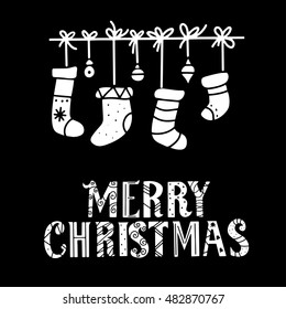 Holiday Merry Christmas Card. Christmas Stocking, Balls On Rope, Border Isolated On Chalkboard Background. Merry Christmas Text, Handwritten