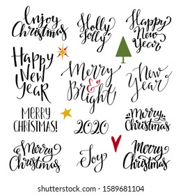 Holiday Merry Christmas, Happy New Year handwriting font, lettering set. Tree, stars, heart hand drawn. Number 2020. Isolated on white background
