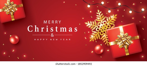 Holiday Merry Christmas and Happy New Year on Red Background. Red Christmas balls with Garland lights, Red gift box ,gold confetti and gold snowflakes. Vector design.