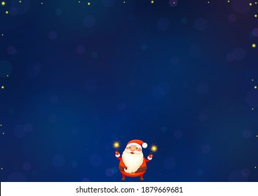 Holiday Merry Christmas and Happy New Year dark blue night background with stars with cartoon Santa Claus with sparklers. Vector illustration.