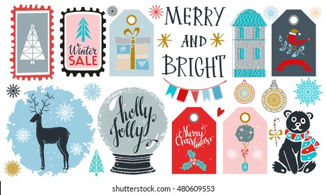 Holiday Merry Christmas icons, symbols, signs, mark. Isolated on white background. Merry Christmas, Holly jolly, Winter sale text, handwritten. Vector design elements