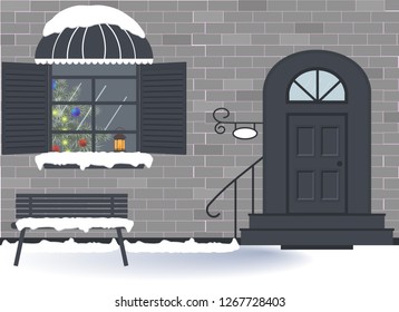 Holiday: merry Christmas, New year and the celebration of Christmas.Exterior door of the house and window decoration for Christmas holidays.Entrance of the house. Candle.Vector flat illustration 