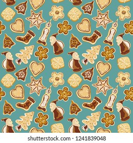 Holiday merry christmas seamless pattern with gingerbread cookies