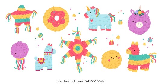 Holiday Mexican pinatas. Kids birthday party colorful accessories. Paper containers with sweets or confetti. Cute animal shapes. Carnival toys. Traditional celebration