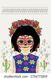 Holiday in Mexico Day of the Dead. Portrait of a girl with characters on her face. Body art. On the head is a wreath with flowers of roses. Graphic illustration. Postcard.

