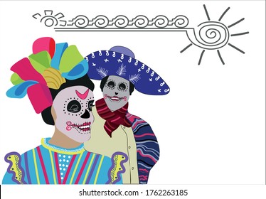 Holiday in Mexico Day of the Dead. Portrait of a girl with characters on her face. Body art. On the head is a wreath with flowers of roses. Graphic illustration. Postcard.

