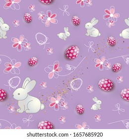 Holiday Model of greeting seamless pattern  with  easter colored eggs and flowers. Vector Illustration