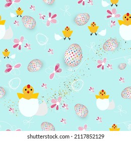 Holiday Model of greeting seamless pattern  with  easter  eggs, cute chikens and flowers. Vector Illustration