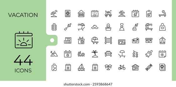 Holiday modern icons set. Contains linear outline icons like ice, glasses, flake, tree, snow and more. Line with editable stroke. Minimalist icon collections.