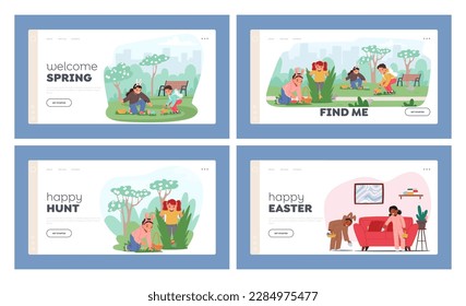 Holiday Moments Landing Page Template Set. Children Character Eagerly Hunt Colorful Easter Eggs, Running Through The Grass And Searching Every Nook And Cranny. Cartoon People Vector Illustration