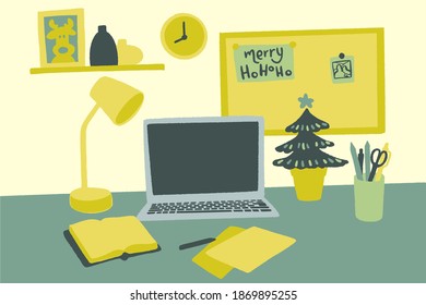 Holiday mood in home office. Blank monitor, Mock up. Laptop, lamp, diary, books, frames and Christmas decorations on table.