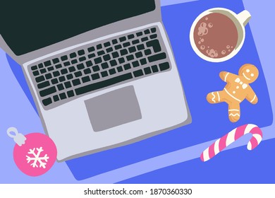 Holiday mood in home office. Laptop and Christmas decorations on table. Hand drawn flat illustration. Top view.