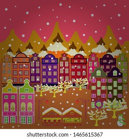 Holiday mood. Vector. Little house on cute landscape. Pictures on yellow, orange and pink colors and Christmas tree.