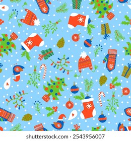 Holiday mood and warm wishes pattern. Seamless vector design with Christmas trees, gloves, hats, ornaments, singing birds. Holiday background with garlands and ornaments
