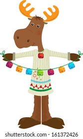 Holiday Moose Icon - Cute cartoon moose holding colorful bells. Eps10