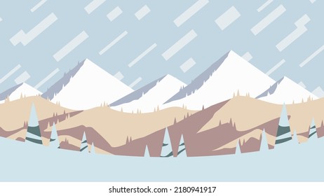 Holiday At The Mountains, Flat Design Landscape Poster Artwork. Sunset Over The Winter Hills Poster, Horizontal  Vector Illustration. 