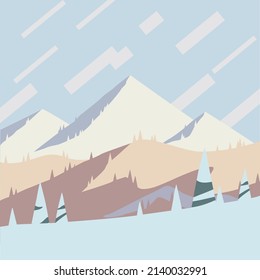 Holiday at mountains flat design poster artwork. Sunset over the winter hills poster, landscape vector illustration. Ski Resort and Hills Design.