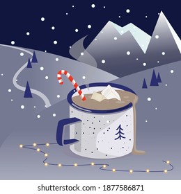 Holiday mugs with hot chocolate, cocoa or coffee and marshmallow.Vector illustration. Winter snow falling landscape. Christmas greeting card. Sweet winter drinks.  Vintage cup with cacao. 