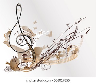 Holiday music. Abstract treble clef decorated with Christmas toys, butterflies, notes.