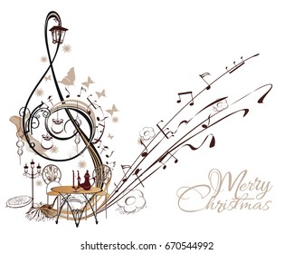 Holiday music. Abstract treble clef decorated with Christmas toys, butterflies, notes.