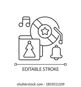 Feiertagsmusik Pixel perfekt lineares Symbol. Weihnachtslieder-Bibliothek. Vinyl-Abdeckung mit Weihnachtsbild. Dünne, anpassbare Illustration. Contour-Symbol. Vektor-einzelne Rahmenzeichnung. Bearbeitbarer Hub
