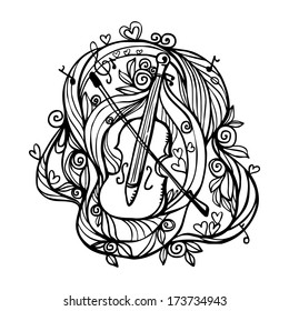 Holiday musical background with the violin, music notes, treble clef and hearts - vector 