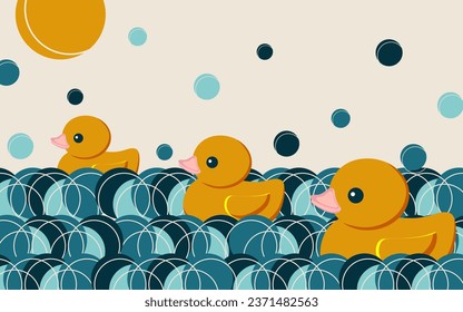 Día Nacional del Pato de Goma. Los lindos patitos amarillos nadan en las olas del mar. Vector.