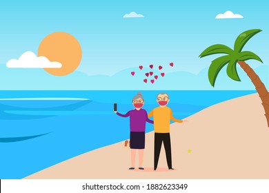 Holiday in new normal vector concept: Senior couple take selfie photo together on the seashore while wearing face mask