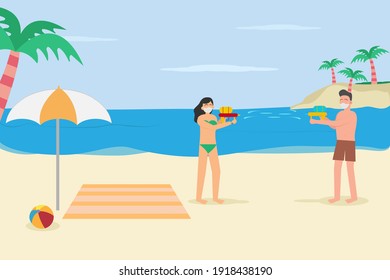 Vacaciones en el nuevo concepto de vector normal: Joven pareja jugando con pistola de agua en la playa mientras disfruta de las vacaciones
