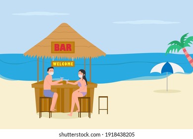 Holiday in new normal vector concept: Young couple drink in the bar together while enjoying holiday in beach